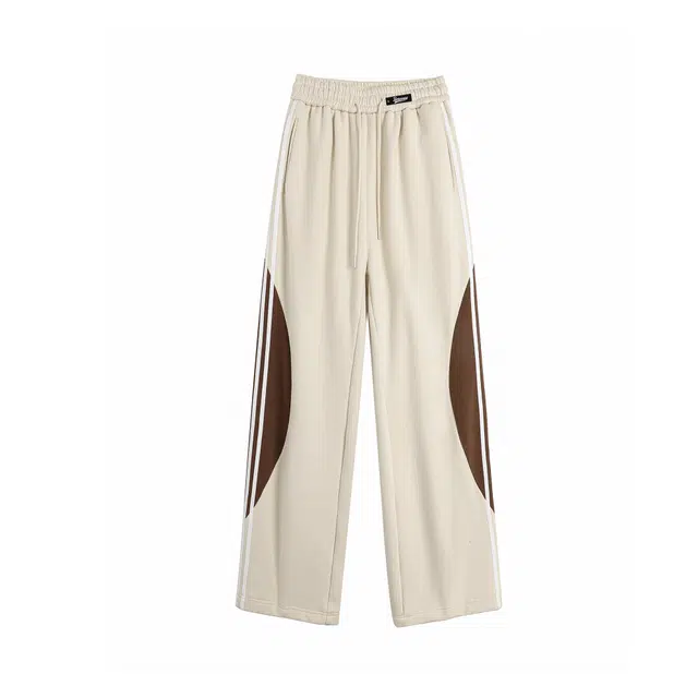 普鲁士多特蒙德 美式高街复古加绒加厚针织基础款侧边撞色条纹宽松抽绳松紧直筒拖地垂感柔软舒适保暖时尚休闲裤 男女同款