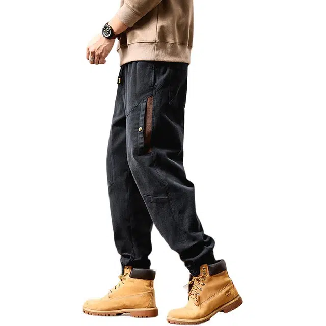 协协乐 美式复古拼接解构氛围感战术裤高街机能风秋冬季宽松哈伦束脚九分裤百搭青少年弹力抽绳痞帅运动长裤工装裤 男款