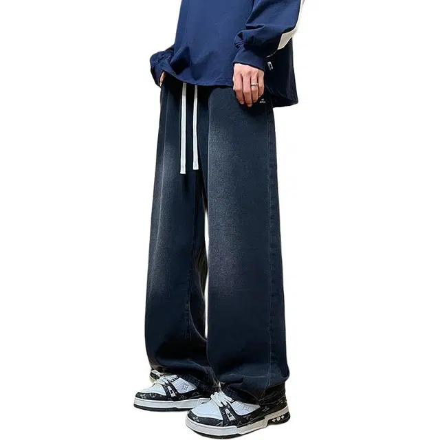 法文箱子 美式复古高街潮流百搭抽绳宽松直筒休闲牛仔裤 男款