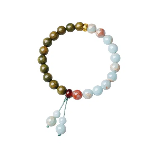 宣华意 国风新中式优雅精致百搭高级小众设计檀香木质寿山石配饰檀木文玩佛珠#好运 绿檀 木作手串 女款