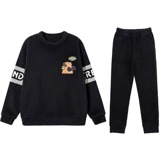 俏霓桐 卡通圆领加厚加绒珊瑚绒保暖秋冬季青少年学生简约可外穿家居服睡衣套装 男款