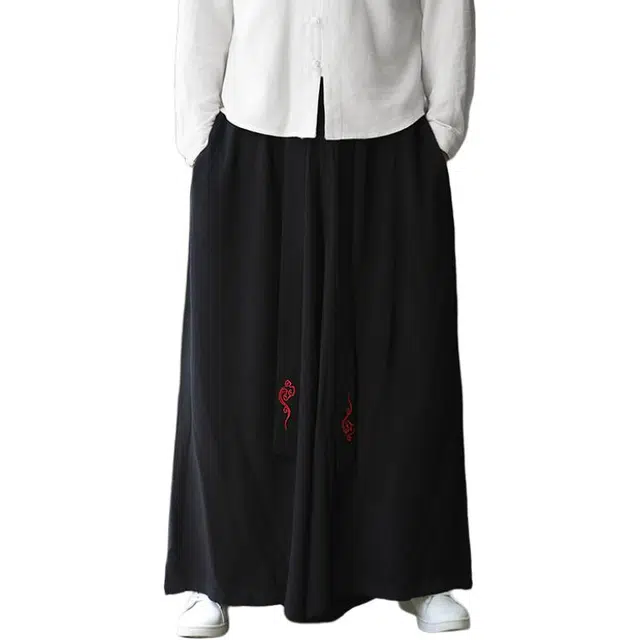 加荣 新中式亚麻男装裤中国风设计感小众阔腿裤男款改良版汉服裙裤秋季宽松休闲棉麻唐装裤子男士民族复古垂感拖地长裤 男女同款