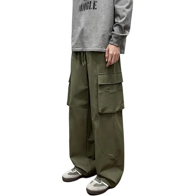 洋气先生 洋气潮牌美式复古大口袋工装设计宽松时尚潮流街头无性别主义日常通勤百搭立体舒适直筒显高显瘦系带长裤子 休闲裤 男女同款