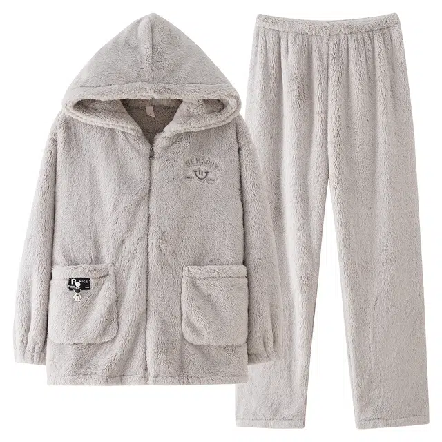 俏霓桐 连帽加绒加厚保暖防寒蓄温柔软舒适简约双口袋休闲家居服可外穿睡衣套装 女款