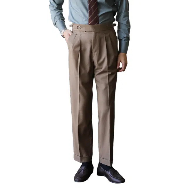 大格子与黑猫 意式那不勒斯高腰卷边商务抗皱双褶雅痞绅士修身直筒西裤 西装裤 男款