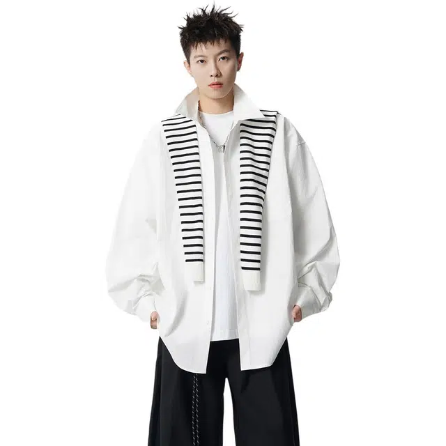 洋气先生 美式纯色简约时尚潮流气质百搭可拆卸条纹披肩小众高级感文艺风日常休闲宽松舒适慵懒氛围感开衫单排扣翻领外套衬衫 男女同款