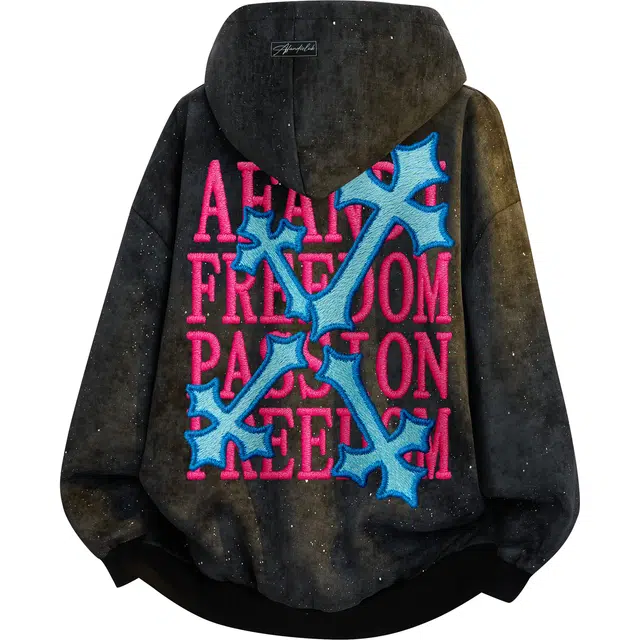 阿凡迪 美式复古街头简约背面满天星设计仿万针刺绣十字架潮牌印花宽松舒适休闲百搭时尚潮流无性别主义通勤长袖抽绳连帽卫衣 男女同款