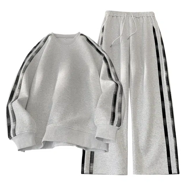瑞梵帝斯 秋冬圆领袖子撞色两条杠设计感美式高街运动时尚潮流舒适简约宽松亲肤透气长袖长裤日常都市通勤休闲卫衣套装 男款