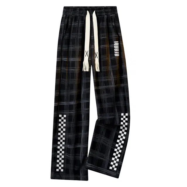 阿凡迪 美式扎染格纹高街复古棋盘创意印花系带抽绳裤子户外运动裤时尚百搭日常通勤格子长裤宽松柔软垂感舒适阔腿休闲裤 男女同款