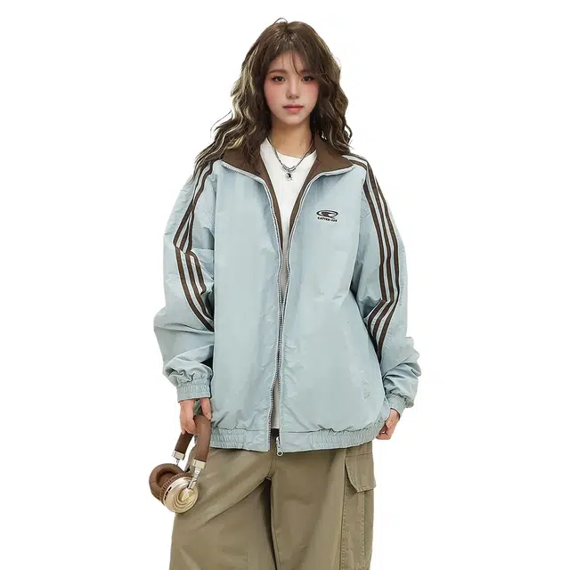 虫小绿 美式宽松潮流复古时尚个性情侣百搭双面穿条纹拼接外套夹克 男女同款