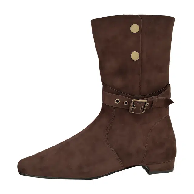 乐乐鱼 法式小众气质粗跟皮带扣中筒秋冬堆堆靴绒面女百搭时装靴 短靴 女