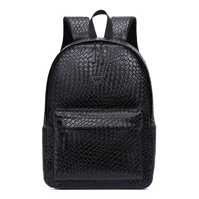 米囹 潮细腻纹路皮面背包学生 户外登山质地耐用男女同款 轻盈 双肩包 常规 黑色