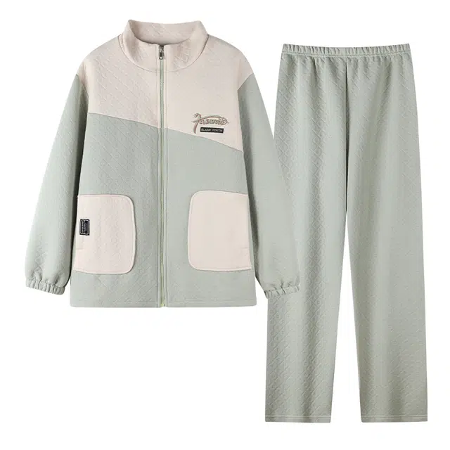 莫代尔 清新舒适柔软细腻高领拉链保暖蓄热宽松休闲简约长袖长裤家居服可外穿睡衣套装 女款