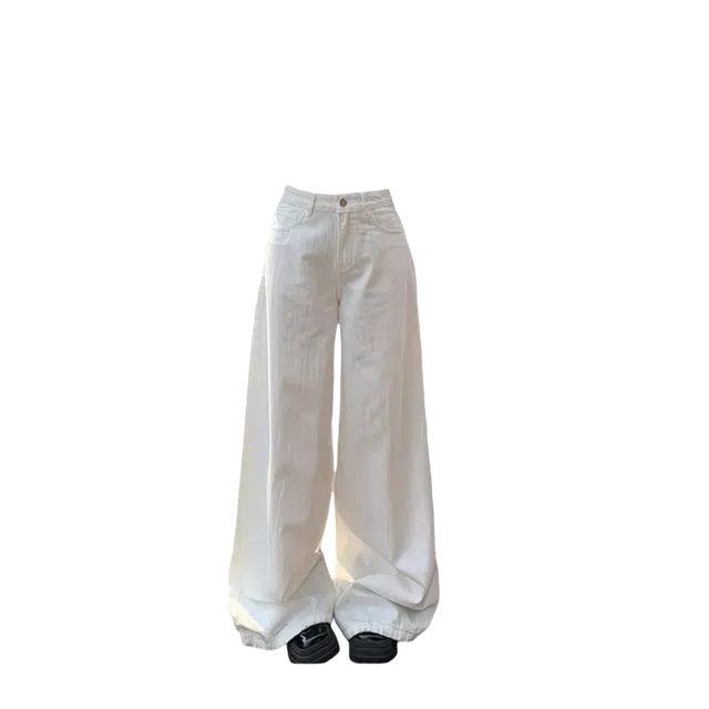 笔杏 白色高腰阔腿垂感束脚显瘦小个子拖地裤小众设计感慵懒风老爹裤垂直面料自带随性感牛仔裤 男女同款