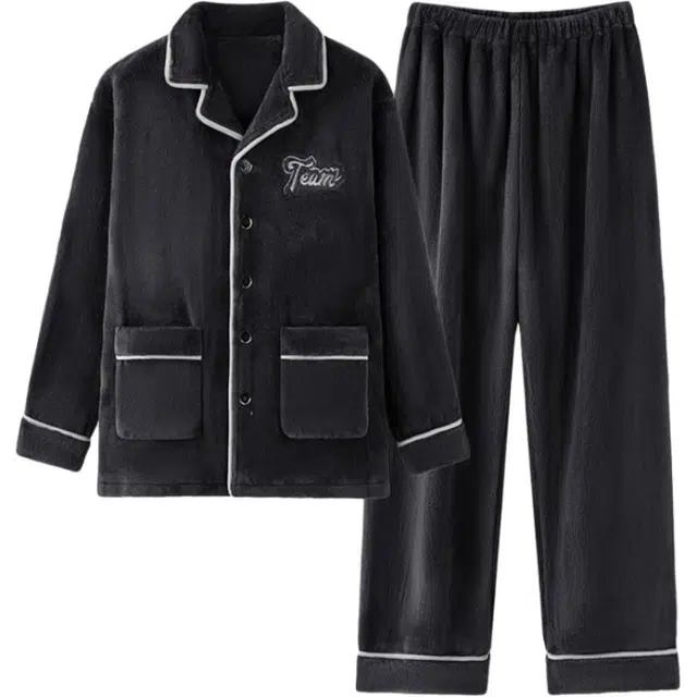 浮光岛屿 加厚保暖简约舒适翻领长袖上衣可外穿家居服秋冬睡衣套装 男款 赠礼袋 黑色