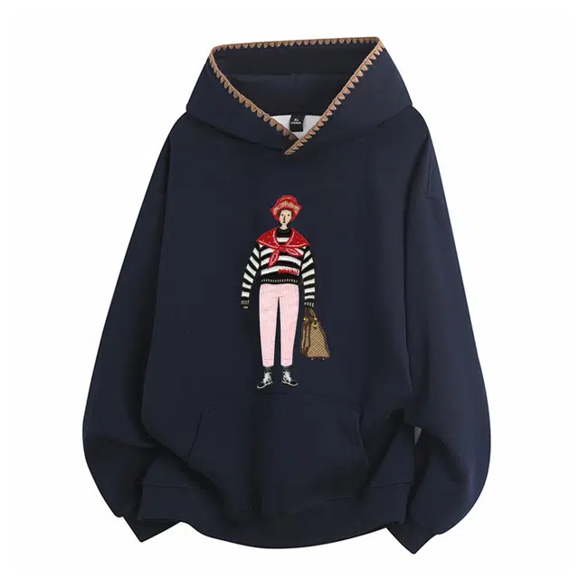 范索米 秋款学院风 绘画人物布贴刺绣连帽宽松百搭卫衣情侣 男女同款