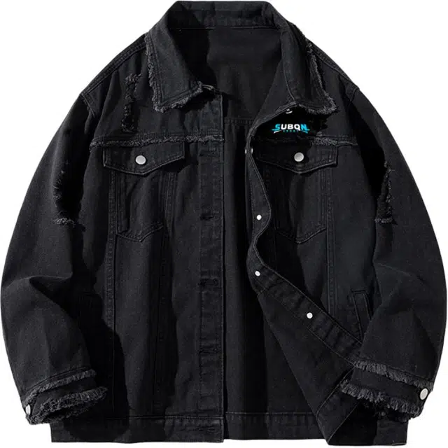 苏北青年    美式高街复古品牌字母创新设计痞帅高级简约款翻领毛边破洞水洗做旧宽松单排扣休闲时尚百搭牛仔外套 男女同款