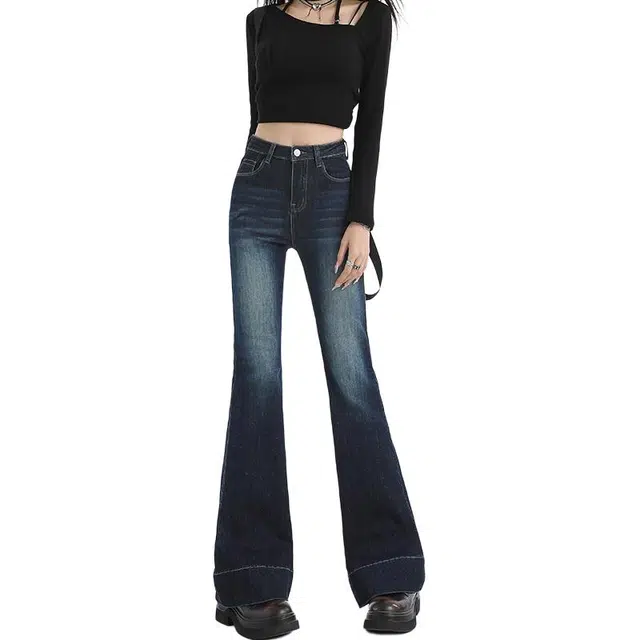 如续 高腰微喇弹力紧身显瘦马蹄喇叭拖地牛仔裤 女款