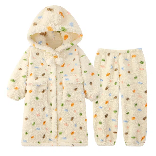 顶瓜瓜 卡通彩色圆点时尚甜美风珊瑚绒加绒加厚保暖连帽休闲舒适家居服睡衣套装 女款