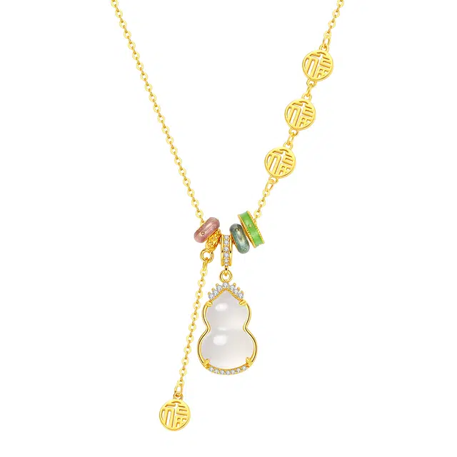 福润莱 葫芦福牌吊坠锁骨链 新中式精致轻奢小众简约大方设计高级感 通透水灵 清冷感 好运 玉髓 项链 男女同款情侣款