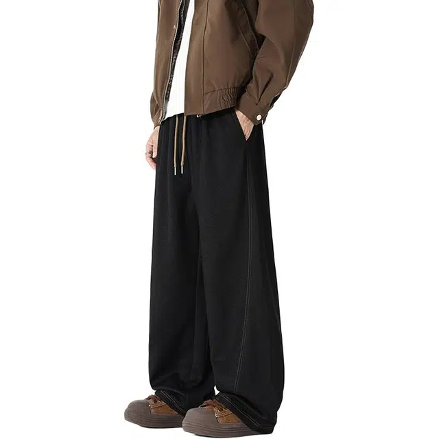 洋气先生  洋气潮牌美式高街基础轻奢纯色设计无性别主义直筒宽松阔腿显高百搭垂感拖地慵懒日常通勤户外徒步时尚潮流长裤休闲裤 男女同款
