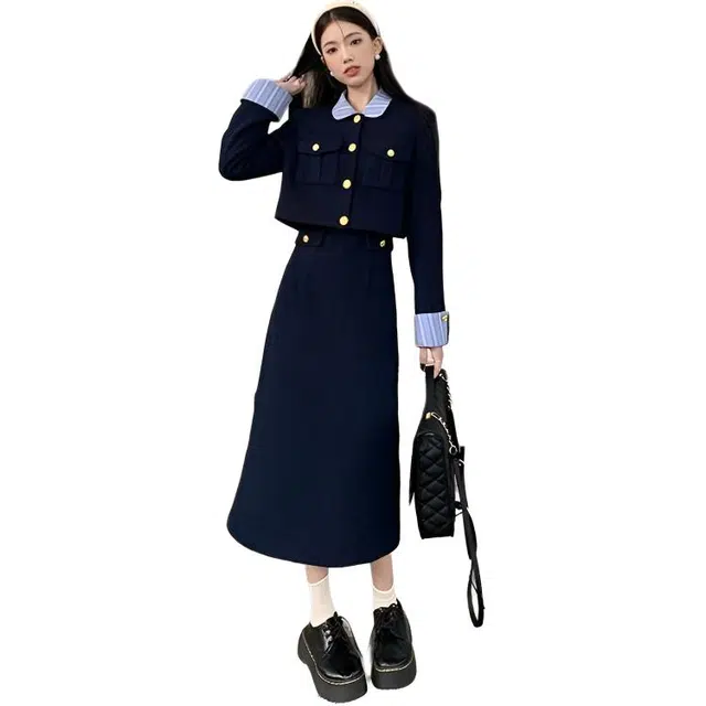 纤丝鸟 法式简约舒适优雅复古风格小香风拼接设计长袖连衣裙 女款