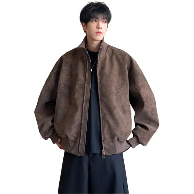 拓菲 美式复古扎染皮衣外套春秋季款廓形立领棒球服短款飞行夹克 男女同款