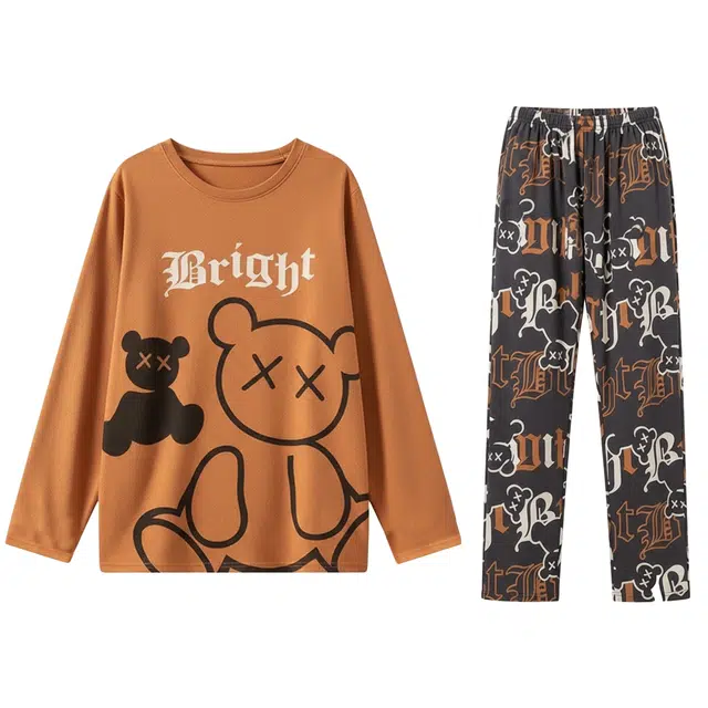 俏霓桐 秋冬季青少年学生圆领舒适纯棉卡通小熊可外穿家居服睡衣套装 男款