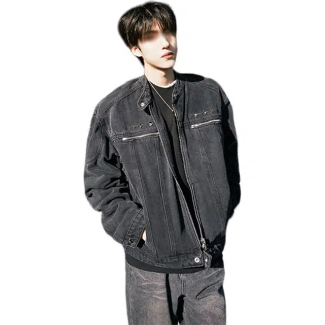 黑马漫画 美式短款牛仔外套男高级感痞帅发型师潮牌男装立领牛夹克 男女同款