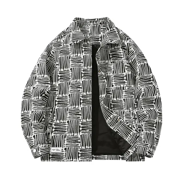 萌芽熊 美式高街系列外套格子几何提花复古小香风美拉德色系情侣工装衬衫式个性百搭潮流宽松开衫日常夹克 男女同款