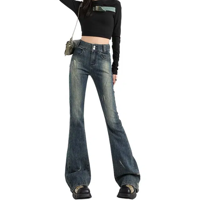 如续 涂鸦油彩复古微喇高腰弹力修身显瘦马蹄喇叭牛仔裤 女款