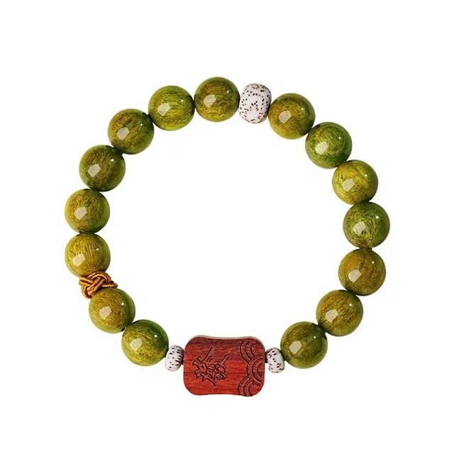 宣华意 【鸿运發财】国潮复古风高油高密檀香木质文玩佛珠 单圈 招财转运#好运 绿檀 木作手串 男女同款情侣款