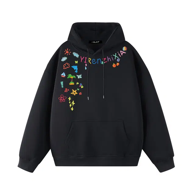 一人之下 美式高街趣味涂鸦海豚蝴蝶星星云朵字母印花简约休闲个性百搭宽松潮流舒适时尚落肩连帽长袖卫衣 男女同款