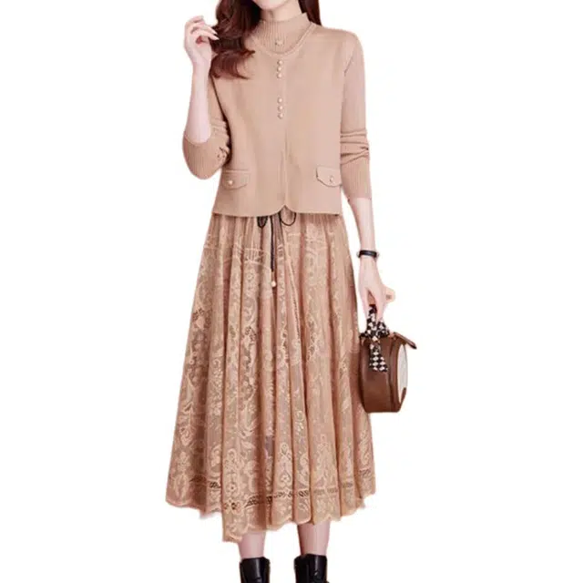 纤丝鸟 简约时尚优雅气质显瘦长款小众设计长袖连衣裙 女款