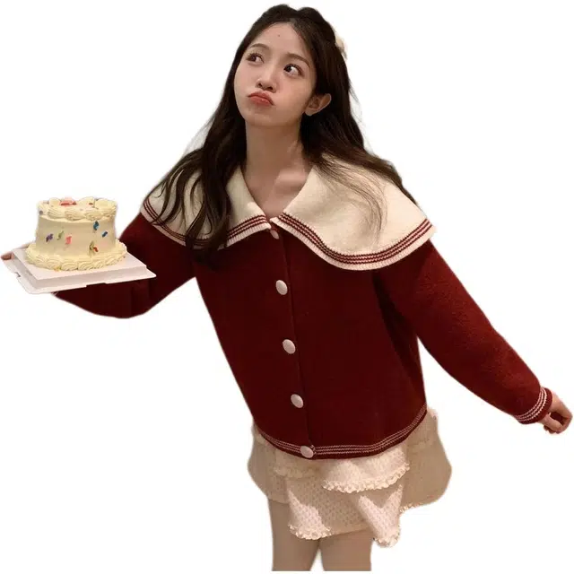 纤丝鸟 学院风海军领外套软糯慵懒宽松显瘦韩风设计针织衫 女款