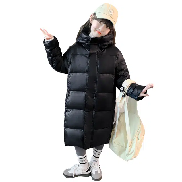 帕兰朵棉衣 女大童时髦舒适保暖黑金长款棉服韩版冬装洋气小女孩加厚百搭连帽 青少年