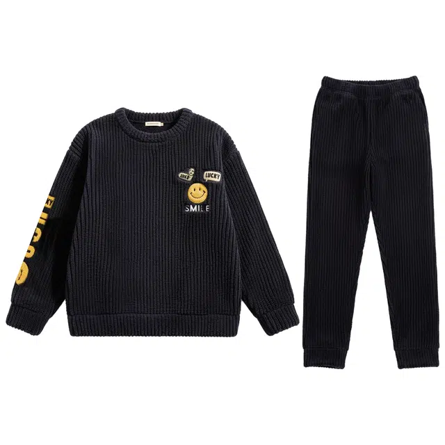 俏霓桐 卡通笑脸圆领加厚加绒珊瑚绒保暖秋冬季青少年学生简约可外穿家居服睡衣套装 男款