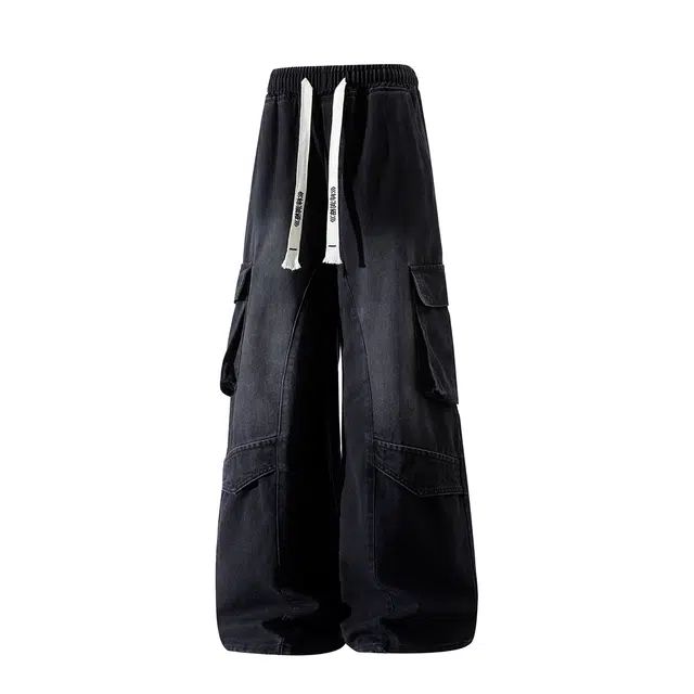 梓润格 美式宽松休闲百搭氛围感高级设计个性户外运动复古做旧水洗大口袋工装阔腿裤子抽绳高腰潮酷直筒老爹裤牛仔裤 男女同款