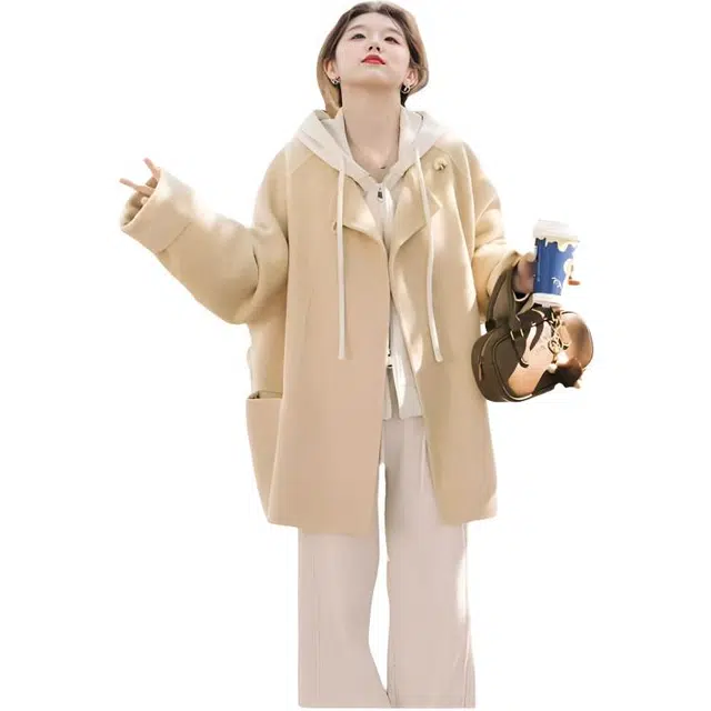 荟萃阁 设计感腰带黄色短款毛呢外套女秋冬季宽松小个子羊毛双面呢子大衣 女款