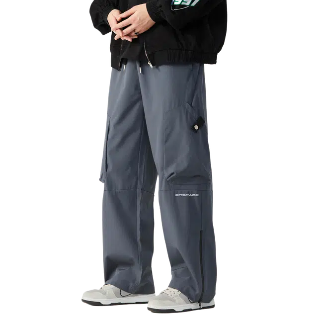 中国航天 美式复古高街柳钉褶皱微显高设计宽松直筒阔腿垂感显瘦百搭日系通勤户外潮流裤 休闲裤 男女同款