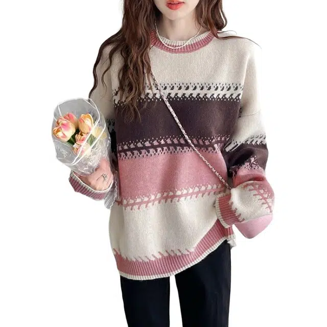 纤丝鸟 学院风圆领拼色宽条纹百搭撞色款时尚衫针织衫 女款