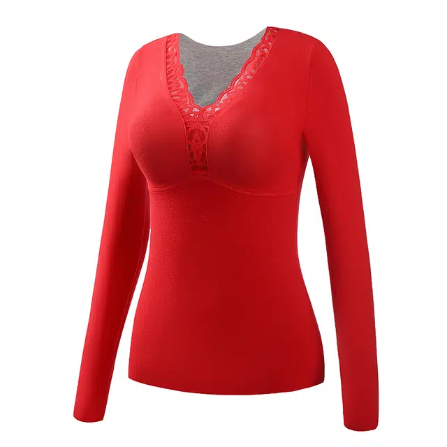 欧迪芬 亲肤透气舒适鸿运本命年喜庆加绒加厚蕾丝带胸垫无痕打底衫秋衣上衣冬季保暖上装 女款