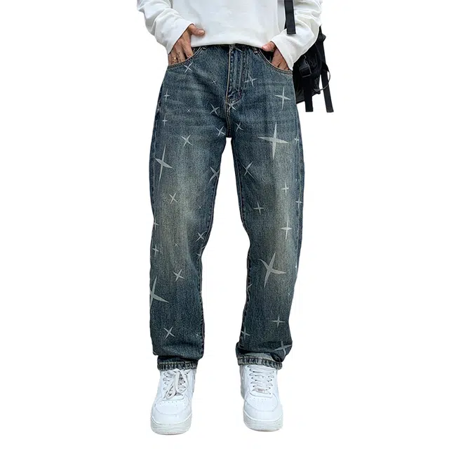 吉肯蒂 高端美式复古星光印花牛仔裤男春秋潮牌宽松直筒长裤 男款