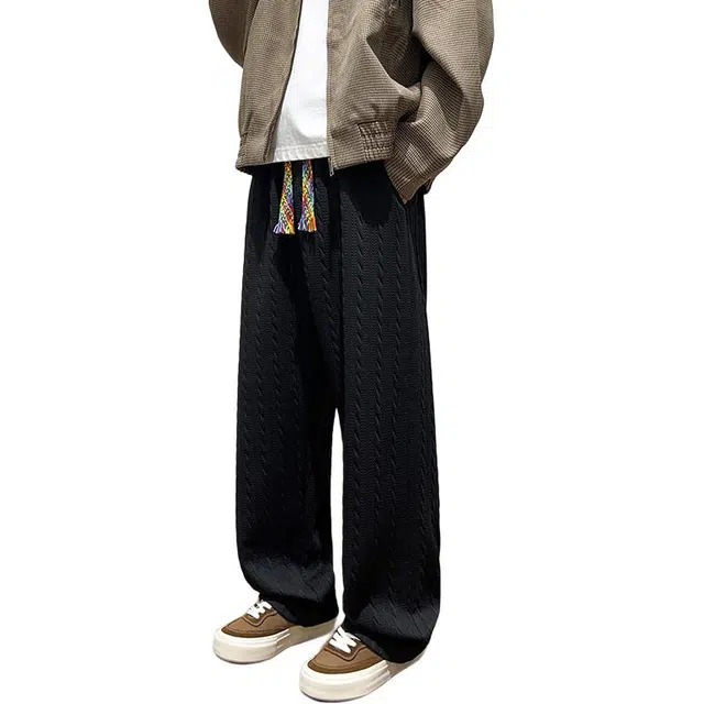 洋气先生 洋气潮牌美式复古纯色基础纹理设计宽松时尚潮流街头无性别主义日常通勤户外徒步舒适百搭直筒显高系带长裤子 休闲裤 男女同款