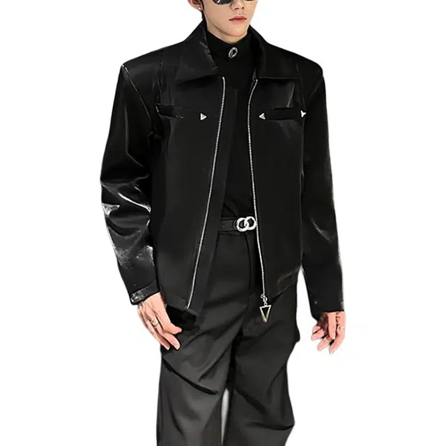 冈哉 美式机车高街垫肩设计感金属性短款宽肩翻领上衣外套慵懒款痞帅皮衣百搭休闲宽松个性潮流通勤夹克 男女同款