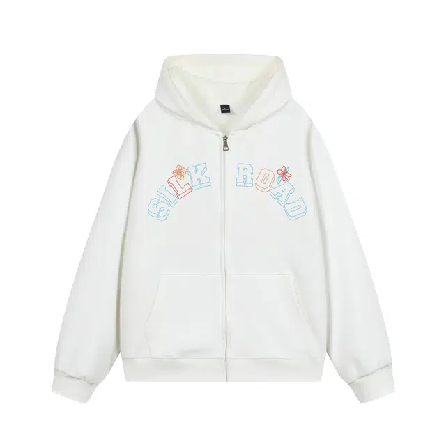 敦煌博物馆 美式复古多巴胺彩色亮闪字母烫钻工艺连帽拉链开衫防风保暖外套潮流学院风运动休闲情侣百搭长袖卫衣 男女同款