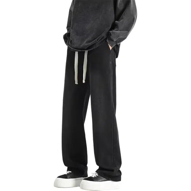 虫小绿 美式复古潮牌高街纯色水洗直筒裤宽松舒适松紧腰裤子休闲裤男生抽绳百搭长牛仔裤 男女同款