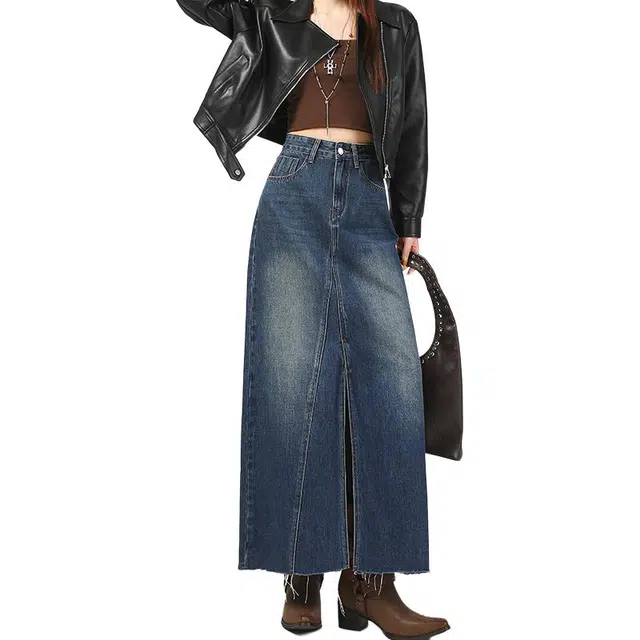 如续 高腰开叉半身裙宽松显瘦辣妹复古直筒包臀牛仔长裙 女款