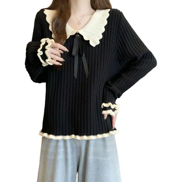 纤丝鸟 可爱慵懒风宽松设计娃娃领木衫耳边显瘦甜美上衣针织衫 女款