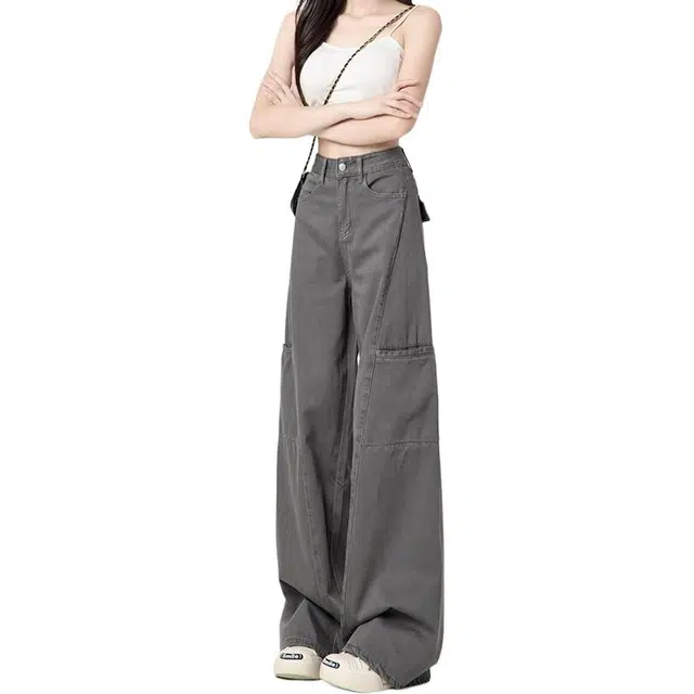 如续 美式多口袋设计感复古直筒长裤潮流百搭时尚舒适休闲牛仔裤 女款